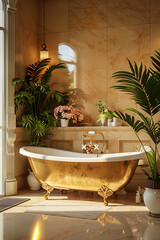 Wall Mural - Elegant bathroom with a vintage gold clawfoot bathtub, marble walls, and lush plants, creating a luxurious and serene space filled with natural light.