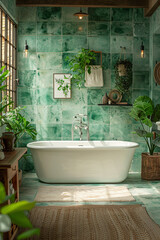 Wall Mural - Cozy bathroom with green tiles, a white freestanding bathtub, natural decor elements, and abundant greenery, creating a refreshing and calming atmosphere.