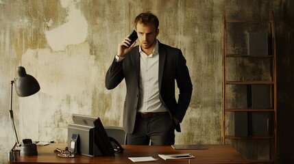 Wall Mural - Businessman in a Suit Talking on a Cell Phone in an Office Setting