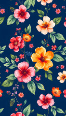 Watercolor seamless floral pattern with bright colorful flowers and leaves on a dark blue background. Folk style print isolated with white highlights, png