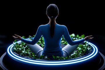 Poster - 3D digital illustration of a single person in a futuristic apartment, filled with plants and digital screens, enjoying a peaceful moment alone