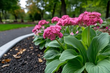 Poster - Bergenia plants along a garden path, their large heart-shaped leaves and clusters of pink flowers catching the morning light