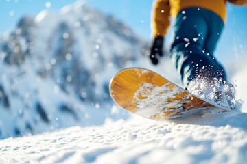 Close up of person on yellow snowboard in snow on mountain