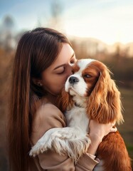 maitresse d'un gentil chien lui faisant un calin pendant une balade à la campagne en ia adoption