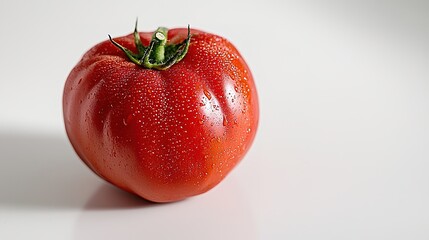 A single, vibrant red tomato with water droplets on a smooth, white surface.