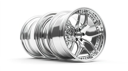 Three shiny alloy wheels stacked together, showcasing polished detailing and intricate designs, perfect for automotive enthusiasts and customization.