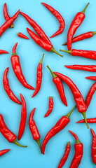 Wall Mural - Flat lay red chili peppers pattern on blue background. Top view isolated with white highlights, png