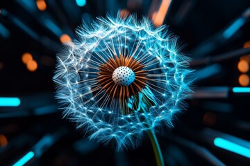 Aufkleber - Dandelion seeds drifting through a futuristic cyberpunk city, illuminated by neon lights and glowing data streams