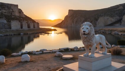 Poster - sunset at the lake with a lion monument