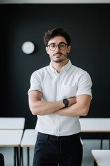 A man in a white shirt and black pants stands in front of a black wall. He is wearing glasses and a watch