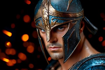 Poster - Hyper-realistic Spartan warrior's face, with every detail of his bronze helmet and piercing eyes captured in stunning clarity