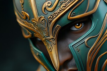 Poster - Hyper-realistic Spartan warrior's face, with every detail of his bronze helmet and piercing eyes captured in stunning clarity