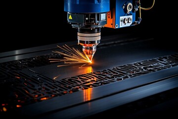 Aufkleber - Laser cutting machine working on sheet metal, with precise, clean lines being cut out under bright industrial lighting