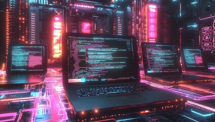 A computer monitor, laptop, and tablet are displayed on a table in a neon-lit room. cyberspace. information technology. AI generated