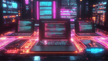 A computer monitor, laptop, and tablet are displayed on a table in a neon-lit room. cyberspace. information technology. AI generated