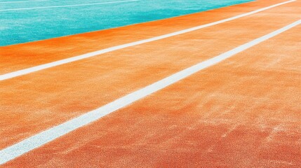 A bright and empty running track field with clear white markings, its orange-red surface reflecting the heat of a summer day