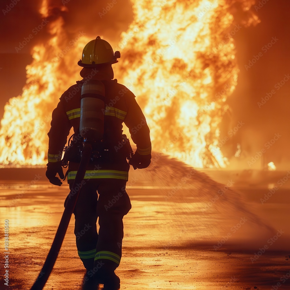 Firefighter with a hose, aiming water at a blazing fire in a warehouse ...