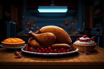 Poster - Pixel art Thanksgiving dinner, with 8-bit roasted turkey, pixelated pies, and a cheerful family around the table in retro style