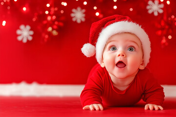 A joyful baby in a Santa hat crawls on a festive red background with snowflakes and decorations