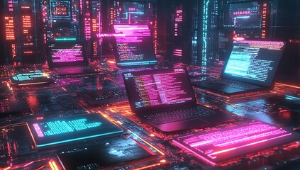 A computer monitor, laptop, and tablet are displayed on a table in a neon-lit room. cyberspace. information technology. AI generated
