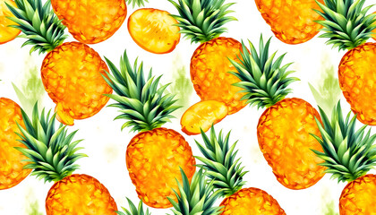 Wall Mural - Pineapple background. Watercolor Seamless pattern isolated with white highlights, png