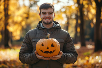 Young man holds halloween pumpkin jack o lantern in autumn park