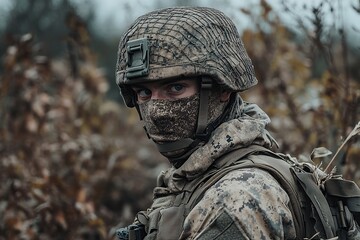 Wall Mural - Portrait of soldier with assault rifle in military uniform