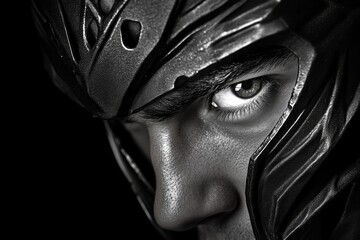 Poster - Spartan warrior's face close-up, showing the intensity in his eyes under the shadow of his helmet