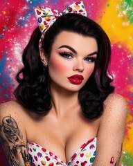 A digital portrait of a woman with bold makeup, vibrant hair, heart-patterned clothes, and an abstract background.