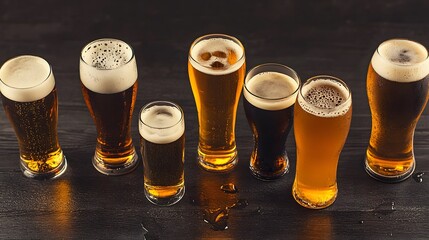 subjective view of various beer glasses gourmet, advertising image, black wooden table, 