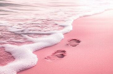 Aufkleber - Pink beach with footprints in the sand and white waves, close-up, pastel aesthetic
