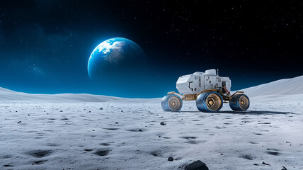 Wall Mural - lunar rover explores the moon's surface while earth shines in the distance at night