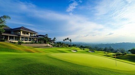 Poster - An expansive golf course with rolling hills and pristine fairways, Golf clubs neatly set near a luxurious clubhouse, Classic elegance style
