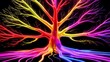 © Fairy Art - The brightly colored tree radiates from its branches and roots, made of neon lights in bright red, yellow, blue and purple. The background is pitch black, conveying energy and creativity.