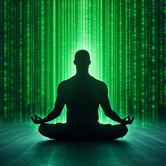 Poster - A person meditating in a dark room with green binary code illuminating the background