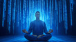 © ChaoticDesignStudio - Meditating person surrounded by digital binary code in a tranquil blue environment
