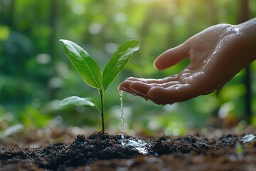 Sticker - Male hands watering and taking care of small tree sapling in the forest