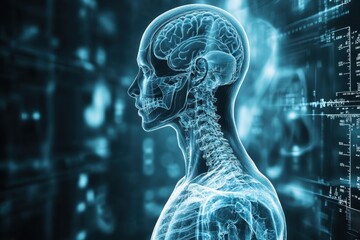 Poster - Anatomical illustration of a human skeleton and brain with digital background
