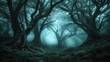 © Ilya - A dark fantasy portrayal of a cursed forest shrouded in mist, with ancient trees and gnarled branches creating a haunting atmosphere