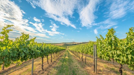 Poster - An expansive vineyard with rows of grapevines stretching under a blue sky, Harvesting tools and crates ready for grape picking, Winemaking tradition style