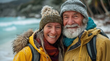 Portrait of a happy elderly couple in love on the fall coastline