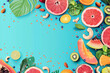 A blue background with a variety of fruits and vegetables including kiwi