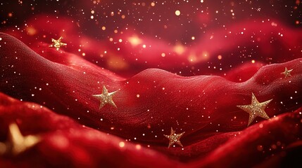 Wall Mural - Enchanting red backdrop with delicate gold star elements