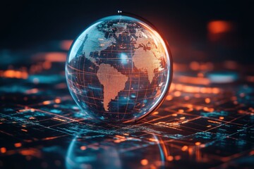 Poster - A glowing crystal globe shows a digital map with vibrant network connections at night