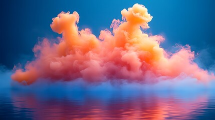 Abstract orange and pink smoke cloud with reflection in water.