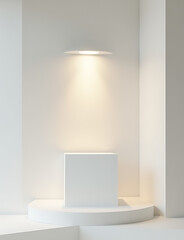 Poster - A minimalist display features white platforms and soft ambient lighting for an understated aesthetic.