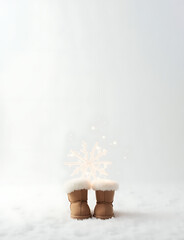Poster - A minimalist snowflake photo with glowing boots sits isolated against a white background for creative copy space and text overlay purposes.