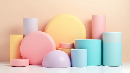 Aufkleber - A modern abstract setup features geometric shapes in vibrant pastel colors arranged to create a visually appealing display.