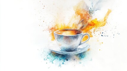 Warm orange cup of coffee on a saucer with steam swirling in the air against a soft beige background