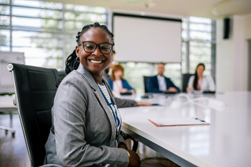 Portrait of young African American businesswoman sitting in front of her colleagues.